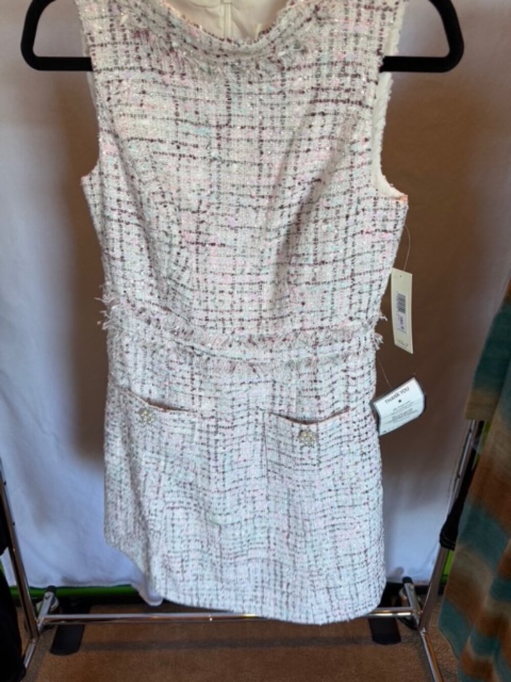 Teri Jon White Pink Tweed Sleeveless Fit & Flare Fringe Dress Size 6